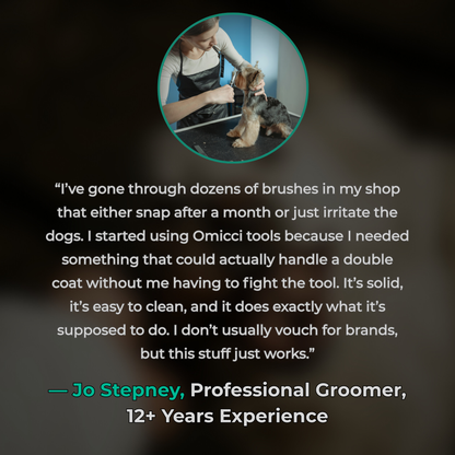 Dog grooming scene with a professional groomer and a dog, featuring a testimonial from a professional groomer about Omicci tools.